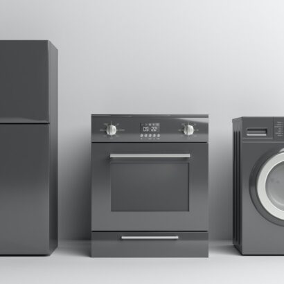Home appliances set black color on white background. 3d illustration