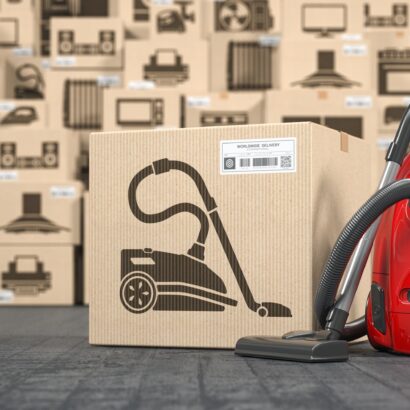 Vacuum cleaner in warehouse with household appliances